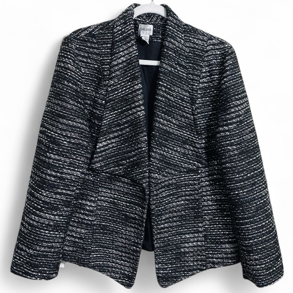 Chico’s Black & Silver Tweed Open Front Classic Business Casual‎ Blazer Sz Large